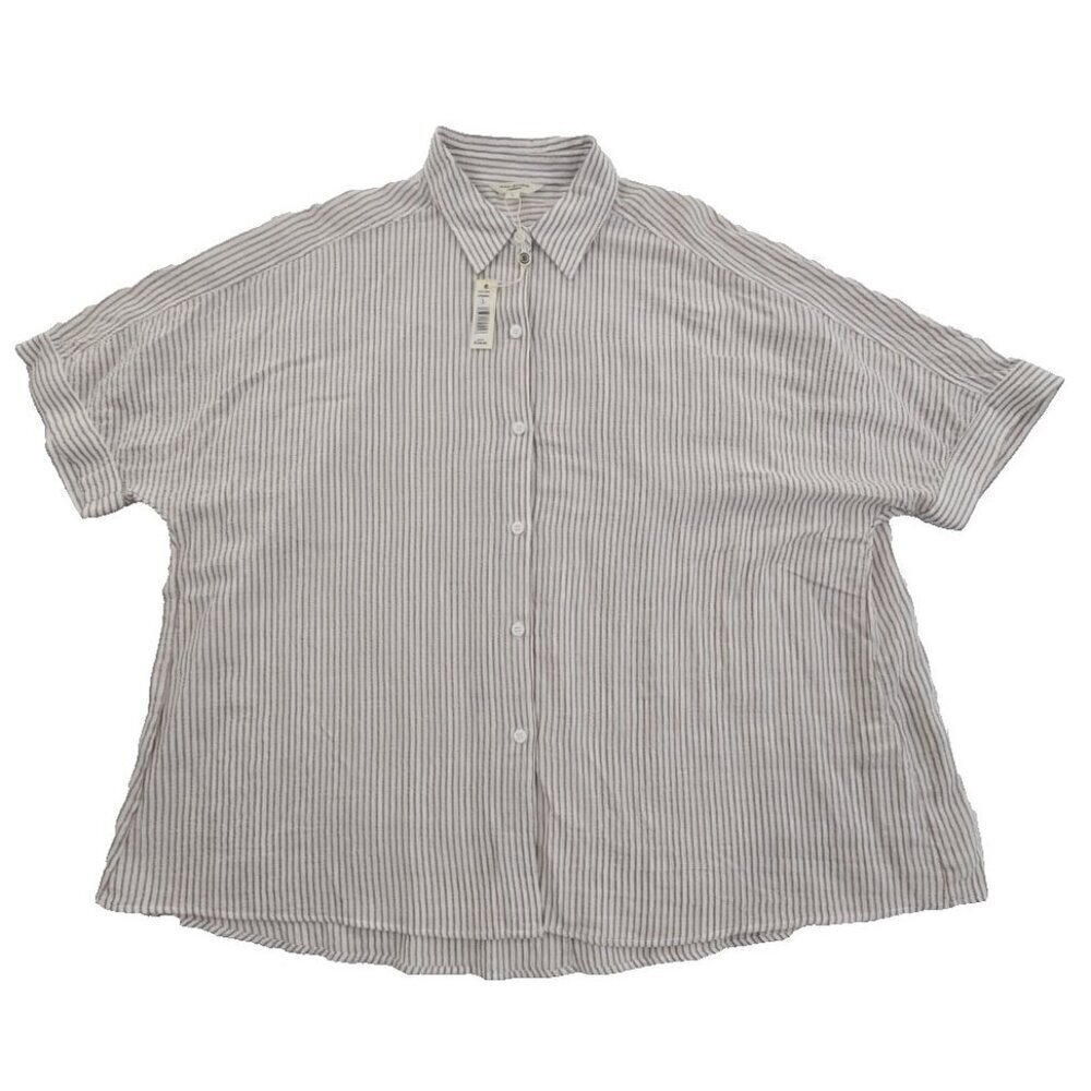 NEW Max Studio London Button Up Shirt Women's L Tan White Short Sleeve MSRP $138